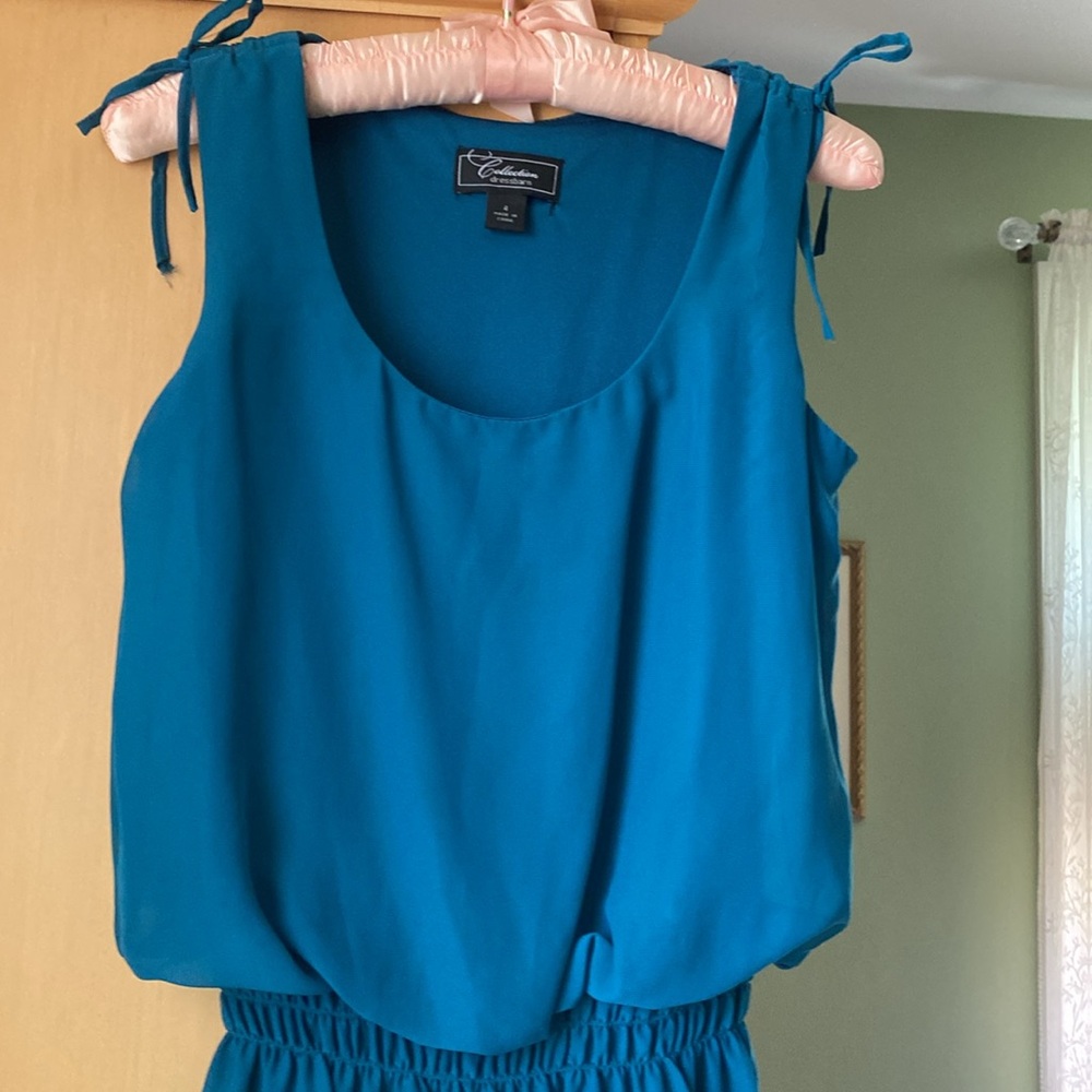 Dress barn Teal sleeveless scoop neck dress with gathered waist and lining - Picture 3 of 8